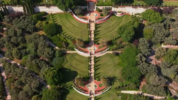 Bahajské zahrady s pohledem z ptačí perspektivy — Stock video
