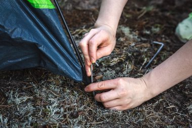 Çadır kuruyorum. Çadırı yere çivilemek için metal çubuklar kullanıyor. Kamp ve açık hava konsepti.
