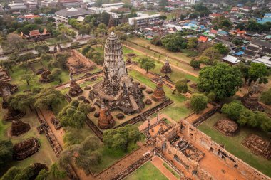 Aerial view of Wat Mahathat, Ayutthaya temple in Thailand. Ayutthaya Historical Park has been considered a World Heritage Site by UNESCO.