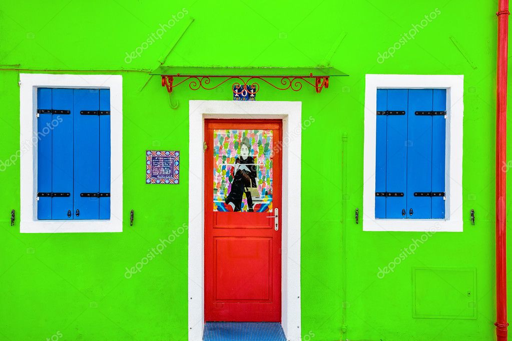 Picturesque Windows Blue Shutters Red Door Green Wall Houses