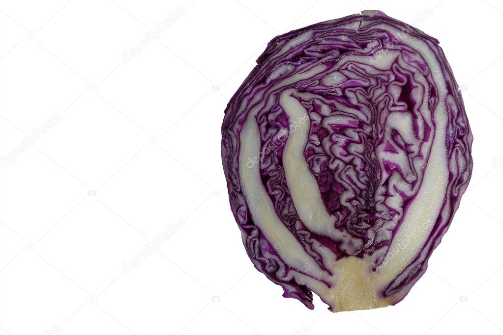 half of purple cabbage on white background
