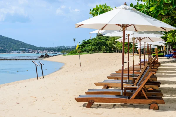 Wooden solstolar på stranden med blå himmel och vita paraply, Koh Samui i Thailand — Stockfoto