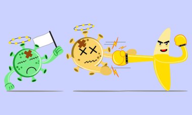 Bir muzun çizim vektörü çizgi film karakteri virüsü büyük bir vuruşla yendi