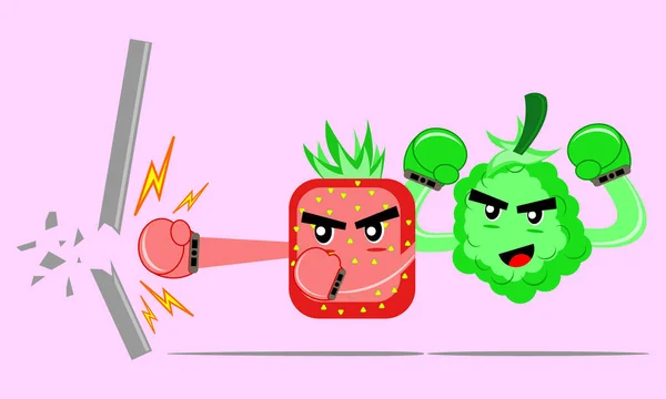 Illustration Vector Graphic Cartoon Character Strawberry Grape Destroy Wall Smash — Stock Vector