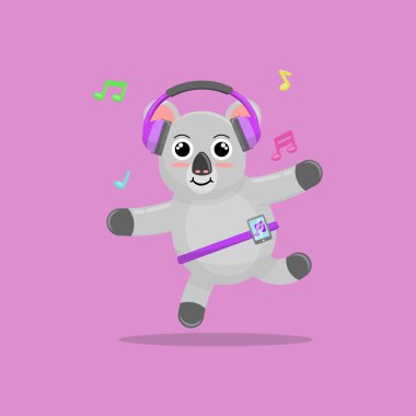 Müzik dinlerken dans eden sevimli koalaların resimli vektör çizimi. Çocuk kitaplarının, tişörtlerinin ve benzerlerinin ürün tasarımı için uygun çocukça çizgi film tasarımı