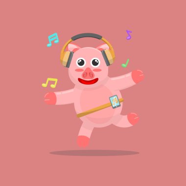 Müzik dinlerken sevimli domuz dansının illüstrasyon vektör grafik karikatürü. Çocuk kitaplarının, tişörtlerinin ve benzerlerinin ürün tasarımı için uygun çocukça çizgi film tasarımı