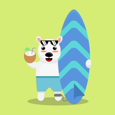 Sörf yaptıktan sonra hindistan cevizi içen sevimli kutup ayısının çizim vektör karikatürü. Çocuk kitaplarının, tişörtlerinin ve benzerlerinin ürün tasarımı için uygun çocukça çizgi film tasarımı
