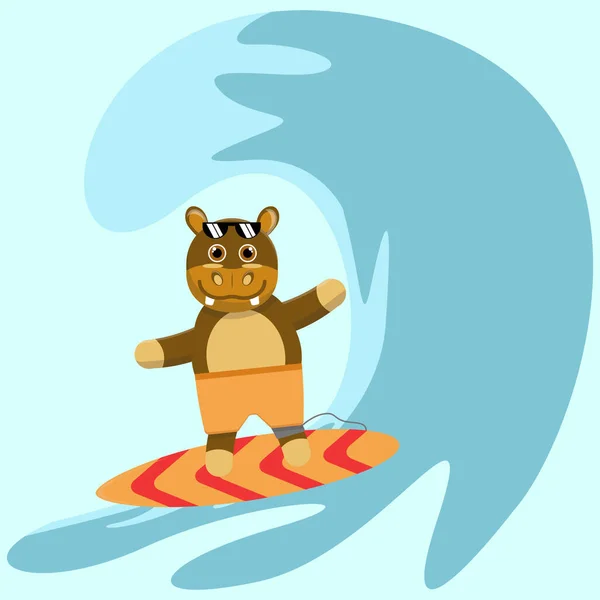 Εικονογράφηση Διάνυσμα Γραφικών Κινουμένων Σχεδίων Χαριτωμένο Ιπποπόταμος Surfing Μεγάλα Κύματα — Διανυσματικό Αρχείο