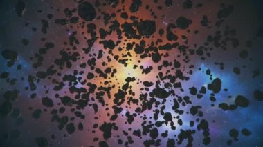 Uzayda asteroitler aracılığıyla Güneş 'e, yıldıza ya da kara deliğe uçmak. Uzay fütürist animasyonu. 80 'lerin tarzında.