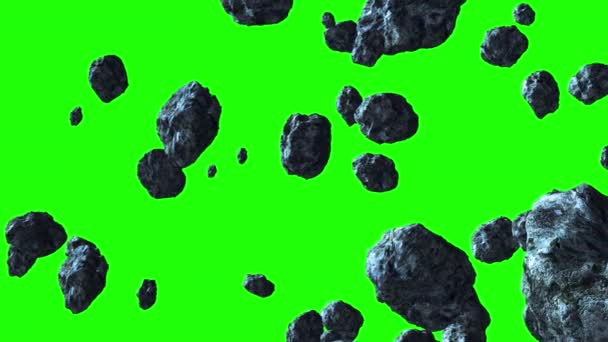 Asteroïden vliegen langzaam van links naar rechts op een groene achtergrond. Ruimte animatie kan worden gebruikt voor videobewerking of als achtergrond of screensaver voor presentaties — Stockvideo
