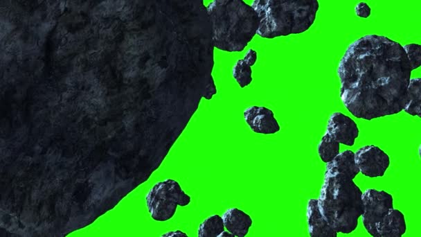 Asteroidy latają powoli od lewej do prawej strony na zielonym tle. Animacja przestrzeni może być wykorzystywana do edycji wideo lub jako tło lub wygaszacz ekranu do prezentacji — Wideo stockowe