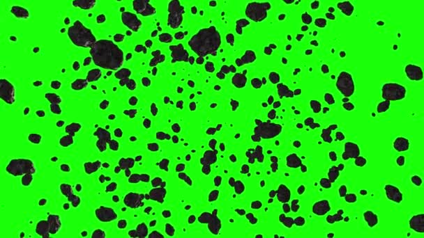 Vliegend door asteroïden op een groene achtergrond. Ruimte animatie kan worden gebruikt voor videobewerking of als achtergrond of screensaver voor presentaties — Stockvideo