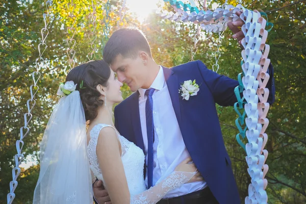 Novia joven y novio caminan en la naturaleza en el día de la boda — Foto de Stock