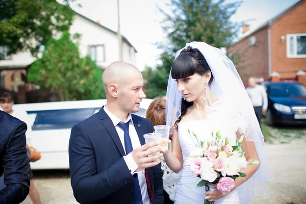 Mladá nevěsta a ženich procházka v přírodě na svatební den — Stock fotografie