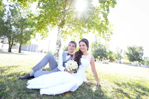 Jovem noiva e noivo caminham na natureza no dia do casamento — Fotografia de Stock