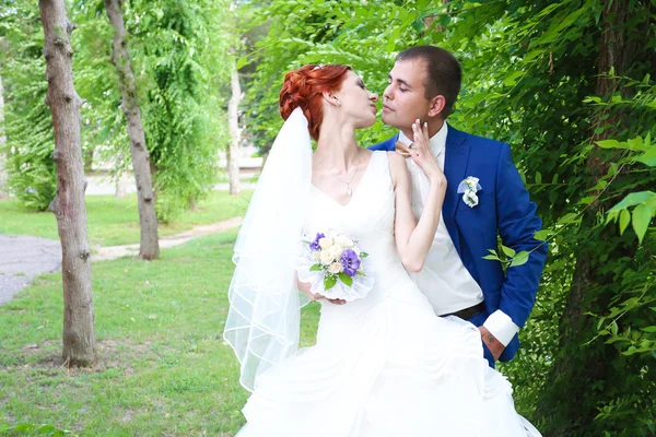 Mladá nevěsta a ženich procházka v přírodě na svatební den — Stock fotografie