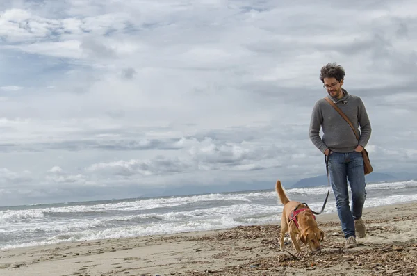 Hombre y perro paseando por la playa — Foto de Stock