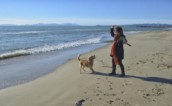 Mujer y perro jugando en la playa — Foto de Stock