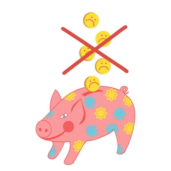 Piggy bank met een munt-droevige smiley — Stockvector