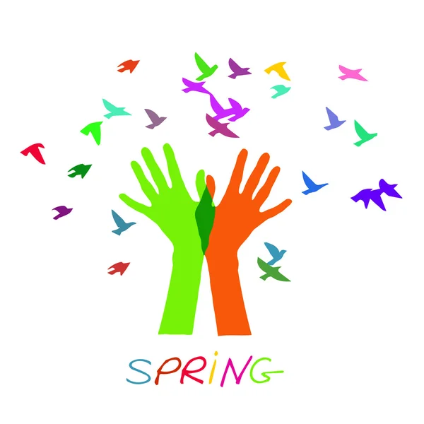 Hands releasing a flock of birds. Spring. — Stock Vector