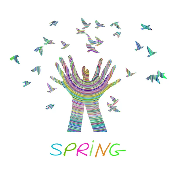 Hands releasing a flock of birds. Spring. — Stock Vector