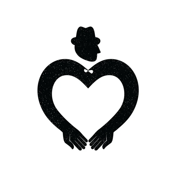 Icono masculino. Dandy en sombrero con las manos en forma de corazón — Vector de stock