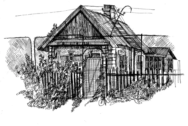 Rustic motif. Old wooden buildings. Illustration drawn by hand. — Stock Photo, Image