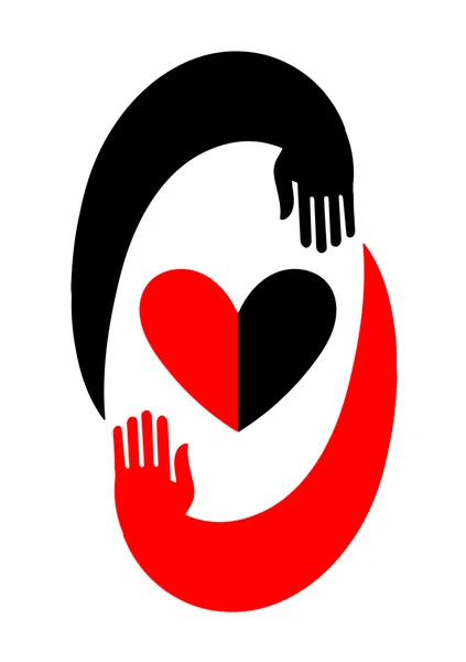 Manos abrazando un corazón. El icono original con diseño negro y rojo . — Vector de stock