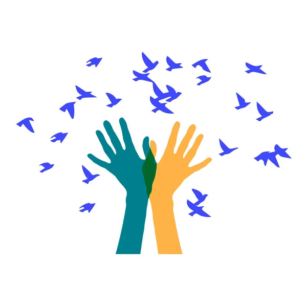 Τα δύο χέρια είναι σύμβολο ελευθερίας. Τα χέρια απελευθερώνουν ένα σμήνος πουλιών. — Φωτογραφία Αρχείου