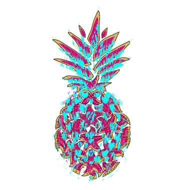Ananas. Ananaslı deniz yıldızları grunge stiliyle süslenmiş. Ananas vektör illüstrasyonu.