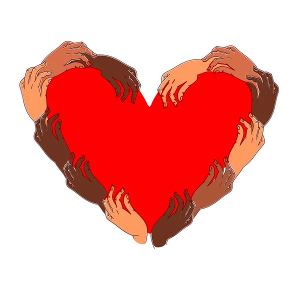 Coeur Dans Les Bras Nombreuses Mains Avec Différentes Couleurs Peau — Image vectorielle