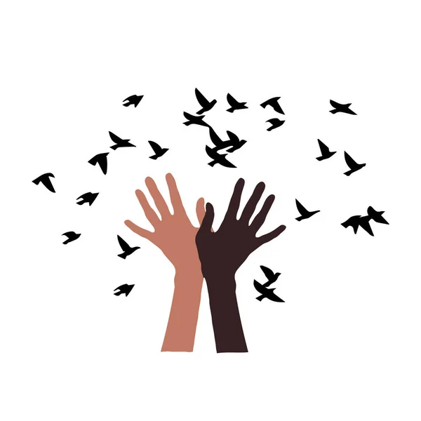 Mains Noires Blanches Libérant Des Oiseaux Illustration Vectorielle — Image vectorielle