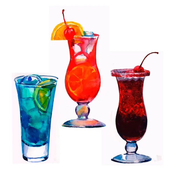 Aquarel exotische drank cocktail set geïsoleerd op een witte achtergrond — Stockfoto