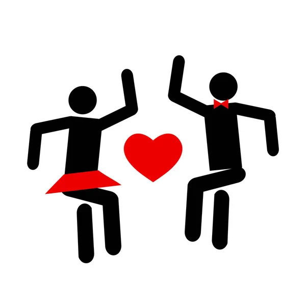 Δυο άνθρωποι χορεύουν γύρω από μια εικόνα της καρδιάς. — Διανυσματικό Αρχείο