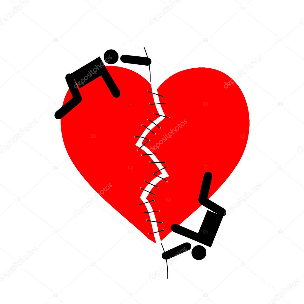 Couple of people sewing up the heart. Restoration of relations. Simple pictogram on heart background.