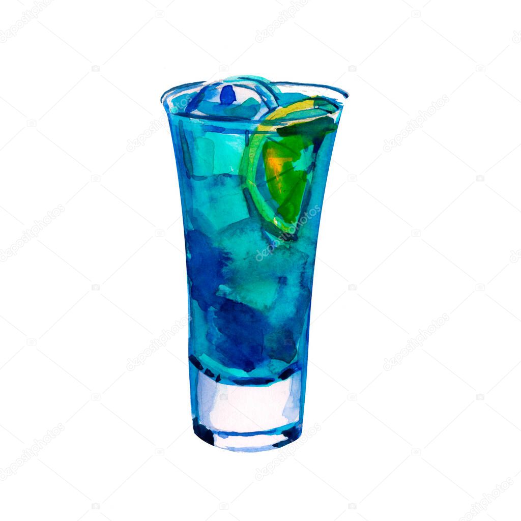 Watercolor illustration of an alcoholic cocktail Blue Lagoon