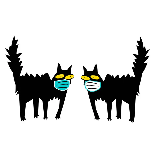 Due gatti carini con maschere protettive. Illustrazione vettoriale sul tema della protezione e distanza, quarantena, medicina. — Vettoriale Stock