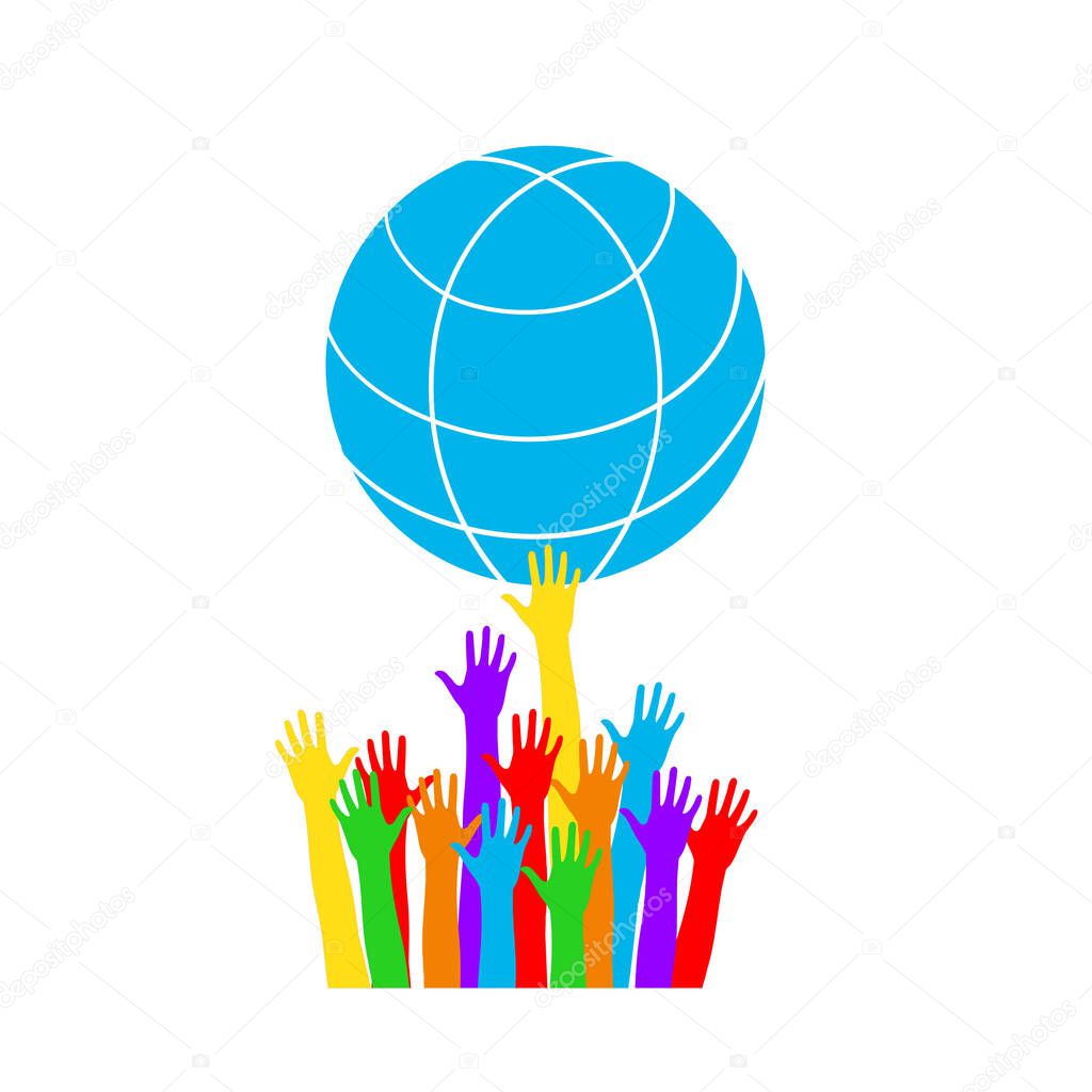 Colored hands holding planet earth Environmental icon helping ecological projects, partnership in solving global problems