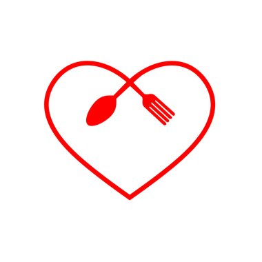 Yemek, modern tarz logo, kaşık ve çatal yemek, aşk tabağı konsepti.
