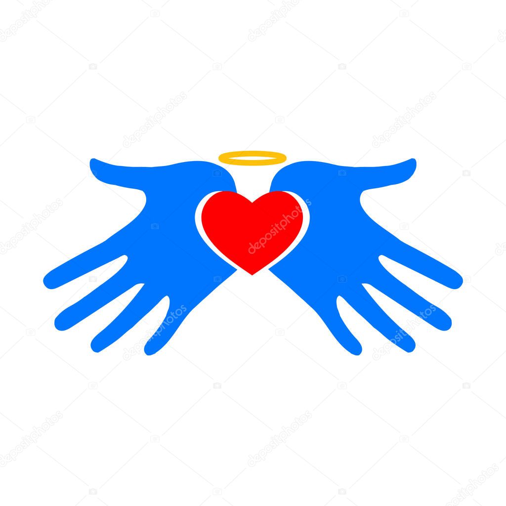 HUGGING HEART WITH WINGS background with image of the hands that hold the heart