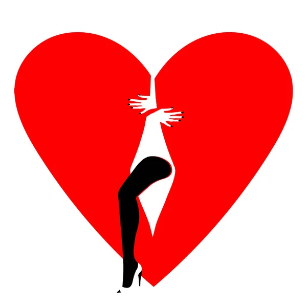 Γυναίκες Στην Καρδιά Στυλιζαρισμένη Εικόνα Λευκής Γυναικείας Σιλουέτας Κόκκινη Καρδιά — Φωτογραφία Αρχείου