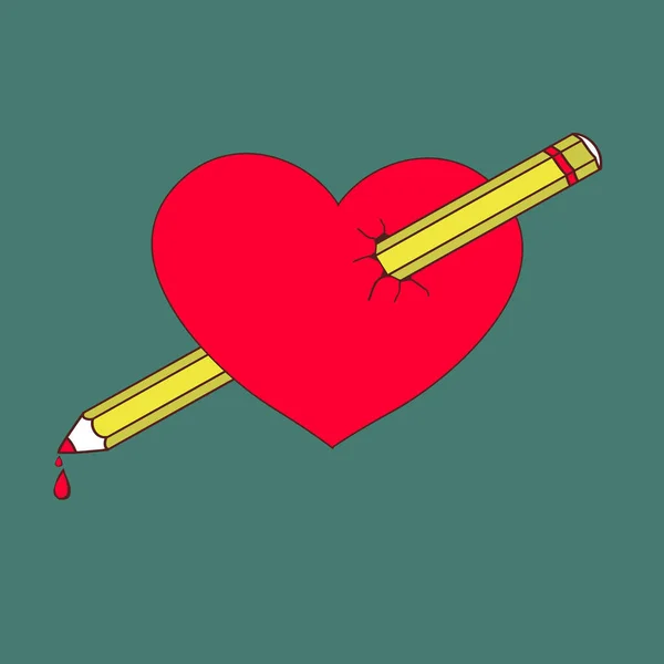 Heart Pierced Pencil Illustration Doodle Style Template Valentine Day — Stock fotografie