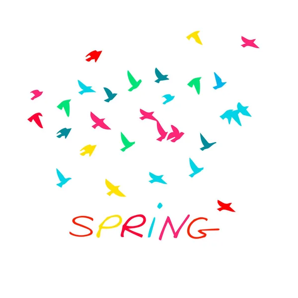 Primavera. Fundo colorido vetorial de um rebanho de pássaros. Ilustração vetorial — Vetor de Stock