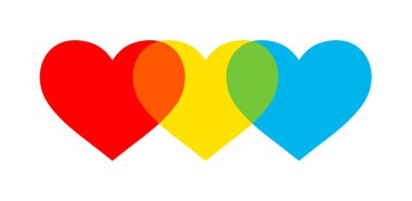 Üç renkli kalp. Kalplerin temel ve türetilmiş renkleri.