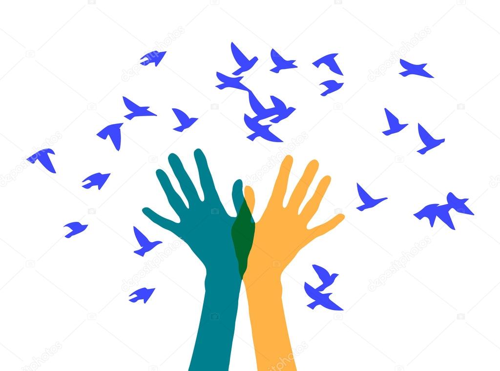 Hands releasing a flock of birds