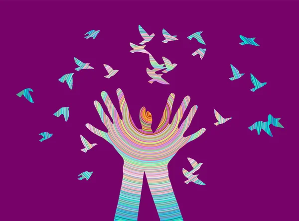 Mains avec oiseau en couleur — Image vectorielle