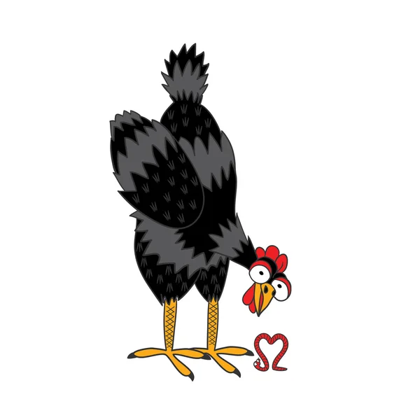 Pollo mirando a un gusano, que representa el corazón — Vector de stock