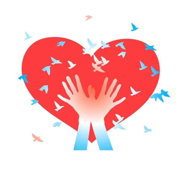 Hands with birds on a background of  hearts. — Stock Vector