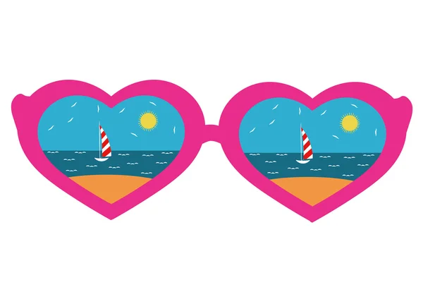 粉红色框眼镜与一颗心，反映了海滩 — 图库矢量图片