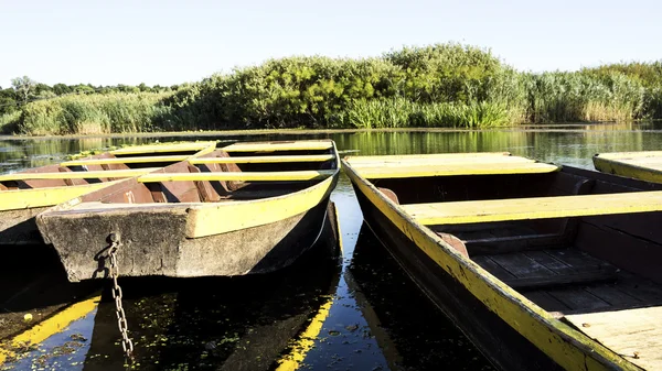 Ruderboot schwimmt auf dem See und spiegelt sich darin wider — Stockfoto